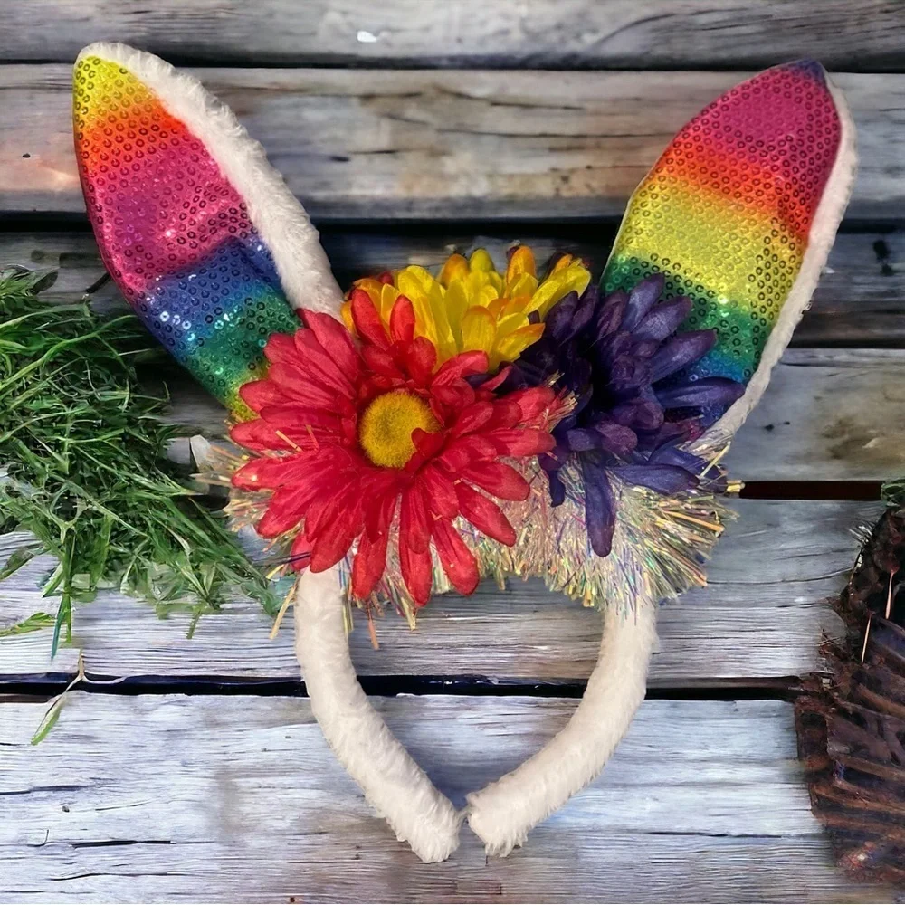 Rainbow Easter Bunny Ears - Rabbit Ears, Handmade Headpiece, Easter Headband